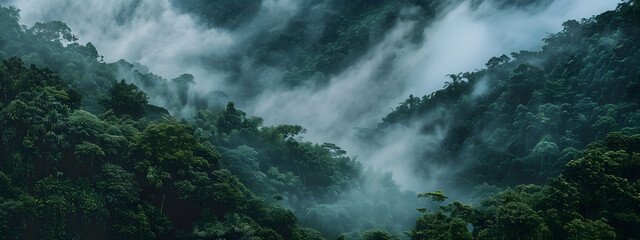 Wall Mural - Panoramic view of misty rainforest trees with fog and rays, showcasing the natural beauty of a lush tropical rainforest canopy. Drone view with copy space.