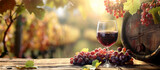 Fototapeta Kwiaty - Glass Of Wine With Grapes And Barrel On A Sunny Background. I