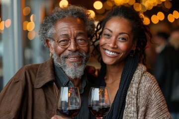 A tender portrait of a happy senior couple on a romantic date, raising wine glasses in celebration.