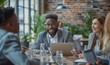 © Akanksha - Group of multi ethnic executives discussing during a meeting. Business man and woman sitting around table, using laptop and tablet at modern office, Generative AI