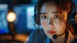 Pensive female helpdesk service agent working on computer at call center, Generative AI