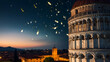 Fireflies encircling the Leaning Tower of Pisa Photo real for Legal reviewing theme ,Full depth of field, clean bright tone, high quality ,include copy space, No noise, creative idea