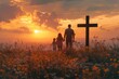 Silhouette of family looking for the cross of Jesus Christ on autumn sunrise background. Easter Sunday concept, Generative AI