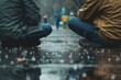 Side view of two men holding hands while sitting on rain outdoors. Homeless, empathy, support and compassion concept, Generative AI