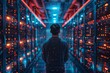 Rear view of successful data center IT specialist checking cloud servers while working as system administrator for cyber security, Generative AI