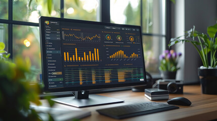 A computer monitor displays a graph of stock prices