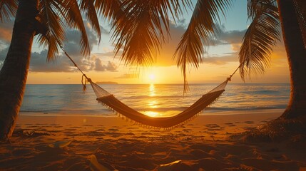 Wall Mural - Tranquil beach at sunset, hammock between palms, soft golden light, peaceful solitude , vibrant