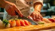 Chef preparing sashimi, focus on exotic fish, precise knife work, elegant presentation low noise