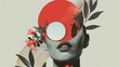 Surreal Portrait of Statue with Red Circle and Floral Accents