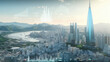 Financial graphs and digital indicators overlap with Double exposure of night skyscrapers Pyongyang city office buildings background. Banking, financial and trading concept.