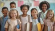 © ryanbagoez - Portrait of cheerful smiling diverse school children standing posing in classroom holding notebooks and backpacks looking at camera