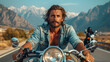 a male character, fiercely staring into the camera, exuding an air of confidence and adventure. Perched atop a powerful chopper motorcycle. In the backdrop, majestic mountains with snow-capped peaks