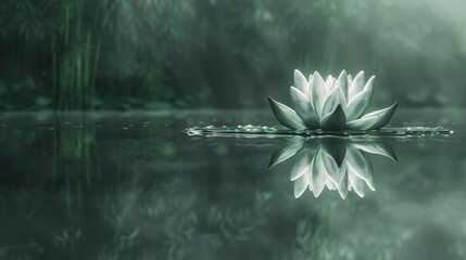 Canvas Print - An ethereal lotus floats on misty waters, its ghostly beauty a perfect emblem of peace and mindfulness for Vesak reflections.