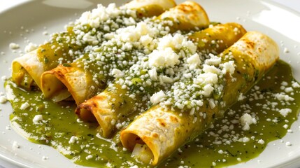 Enchiladas suizas lay in a creamy, green sauce, topped with a generous portion of melted cheese and fresh cream, creating a delightful fusion of flavors and textures.