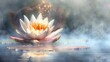 Golden light caresses a blooming lotus in a misty pond, evoking a sense of warmth and spiritual awakening on Vesak Day.