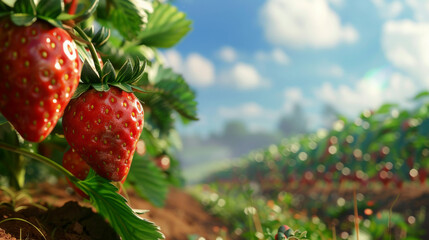 Wall Mural - Close-Up: Ripe Strawberries on Plant in Plantation Setting
