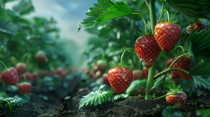 Wall Mural - Lush Strawberry Plantation Detail - Ripe Berries on Plant
