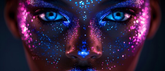 Wall Mural -  A woman's face, close up, with blue and pink glitter