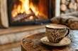 Decorative coffee cup on the table in front of the fireplace, with warm fire and wooden decor