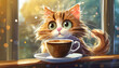 Cartoon cat waking up with messed up morning hair and coffee