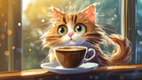 Fototapeta  - Cartoon cat waking up with messed up morning hair and coffee