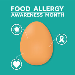 Wall Mural - Food Allergy Awareness Month. Eggs, heart, bacteria and ribbon. Great for cards, banners, posters, social media and more. Easy blue background. 
