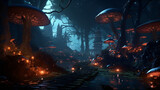 Fototapeta Londyn - A mystical forest with glowing mushrooms and ancient