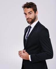 Wall Mural - Businessman, studio and portrait fashion smile, corporate work clothes with confident male person. Formal, executive pride in jacket and trendy black tie, classy and designer on mockup background