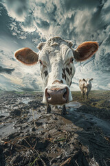 Wall Mural - Authentic Cow Scene in High-Definition Farm Landscape
