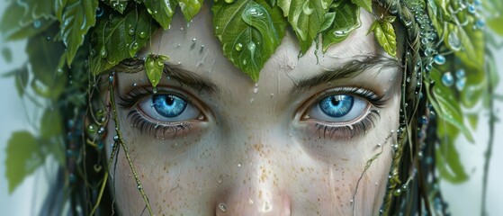 Wall Mural -  Close-up portrait of a woman with blue eyes and green foliage in her hair, adorned with droplets of water