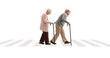 Full length profile shot of an elderly man and an elderly woman with canes walking at a pedestrian crossing