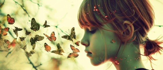 Wall Mural -  A young woman admiring a swarm of butterflies fluttering overhead, tilting her head slightly