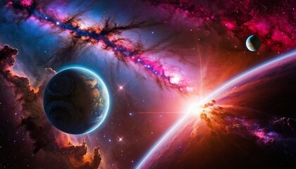 Space scene. Colorful nebula with planet and two trail. Elements furnished