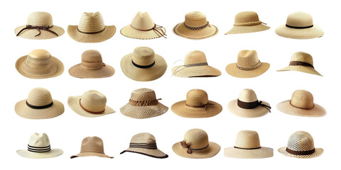 Set of beach hats on white background.