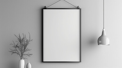 Wall Mural - blank frame on wall, Blank A4 hanging poster mockup on light grey background, White vertical frame on white wall. 3d illustration. frame with blank poster mockup on wooden table with green plant