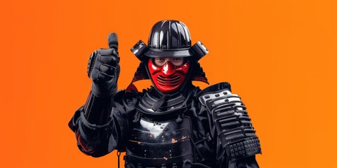 Canvas Print - A man in a samurai suit standing confidently on orange background giving thumbs up. Modern and traditional concept