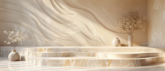 minimal podium with flowing wave design, smooth marble texture, natural light, pure and tranquil vib