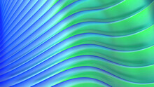 Abstract Metallic 3d Background, Shiny And Glossy Green Blue Striped Pattern, Interesting Spiral Chrome Metal  Lustrous Stripes Background.
