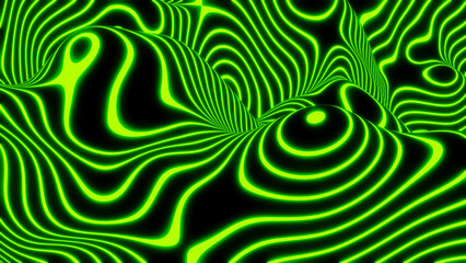 Wall Mural - Abstract neon glowing background, 3D green lines  on black, interesting striped modern technology and science design.