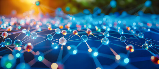 Abstract networking and technology concept, featuring futuristic digital connections in a geometric blue background