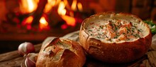 A Cozy Autumn Scene Of Salmon Chowder In A Bread Bowl Next To A Crackling Fireplace