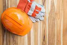Orange Safety Engineer Helmet Gear And Gloves