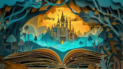 A whimsical fairy tale book cover design featuring paper cut illustrations of classic stories