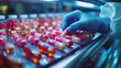 A gloved hand inspecting medication capsules on a production line in a pharmaceutical manufacturing facility.