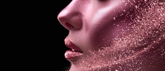 Wall Mural -  A woman's face, close up, glittered, black background