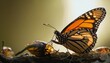 Illuminated by sunlight, monarch butterflies rest on a branch, their orange wings casting a vibrant glow against the soft backdrop