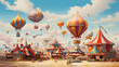 A whimsical carnival with colorful tents and rides.