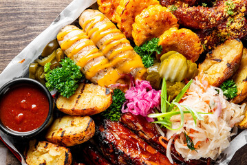 Poster - captivating image showcases a delectable assortment of grilled foods and condiments, artfully arranged to entice the senses. The vibrant colors and textures promise a gourmet feast