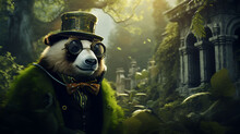 Artistic rendering of a debonair panda donning fashionable spectacles, captured in high-definition against a backdrop of lush greenery and serene natural surroundings