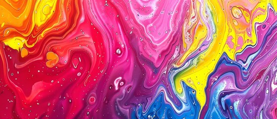 Wall Mural -  A colorful liquid painting with water droplets on its fluid surface Techniques for fluid painting, including techniques for fluid painting, are used Fluid paintings are created using these methods